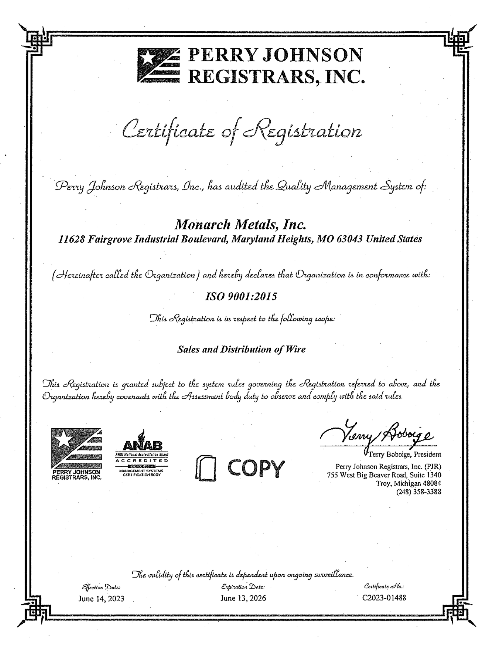 ISO Certificate of Registration